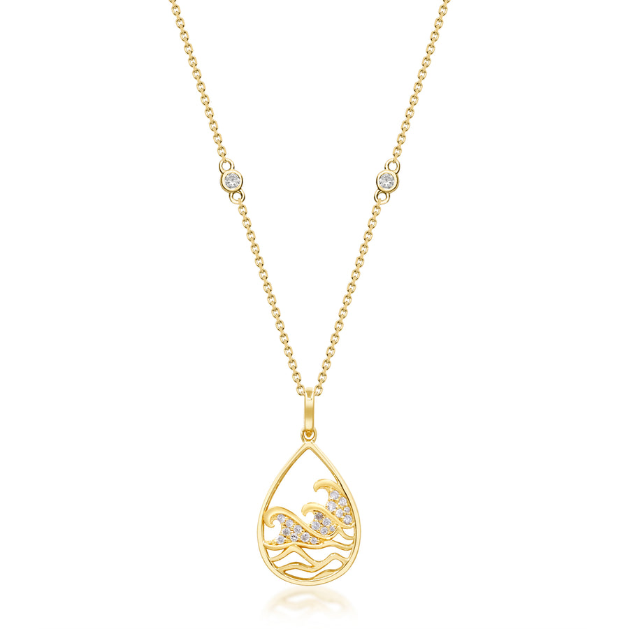Gin and Grace in collaboration with Smithsonian Museum Collection presents pear pendant with three layer waves Pendant in 14K Yellow gold and Diamond for exclusive everyday look.