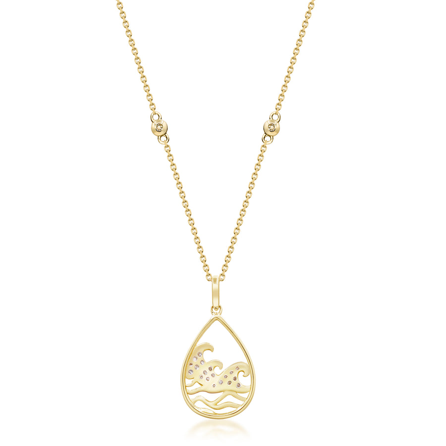 Gin and Grace in collaboration with Smithsonian Museum Collection presents pear pendant with three layer waves Pendant in 14K Yellow gold and Diamond for exclusive everyday look.