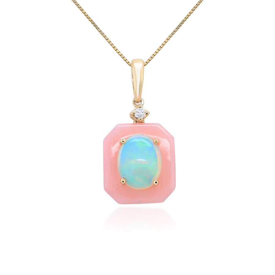 14K Yellow Gold Ethiopian Opal and Pink Opal Halo Pendant with Diamond Accent