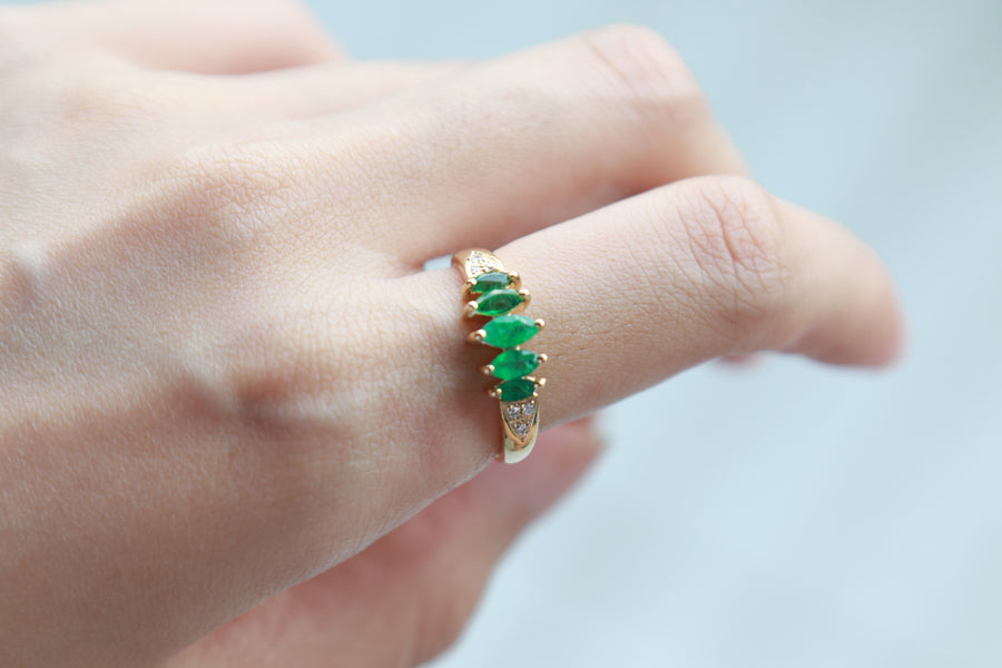 Regal Charm: Esther 10K Yellow Gold Marquise-Cut Natural Zambian Emerald Ring