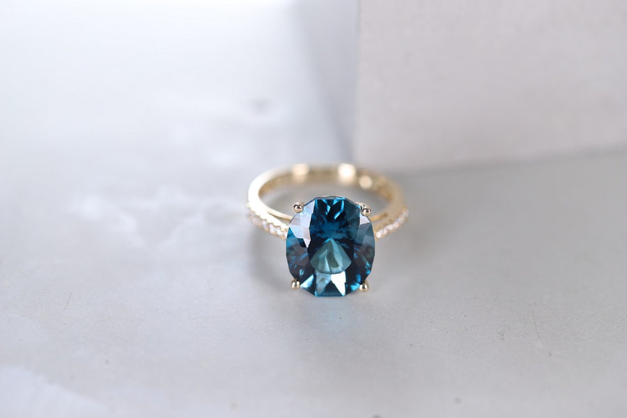 Elsie 14K Yellow Gold Round-Cut Brazilian London Blue Topaz Ring