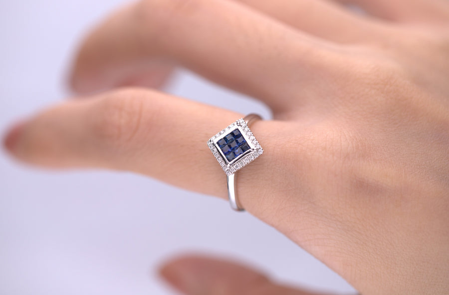 Blue Sapphire Princess Cut Engagement Ring in 18k Rose Gold Capri