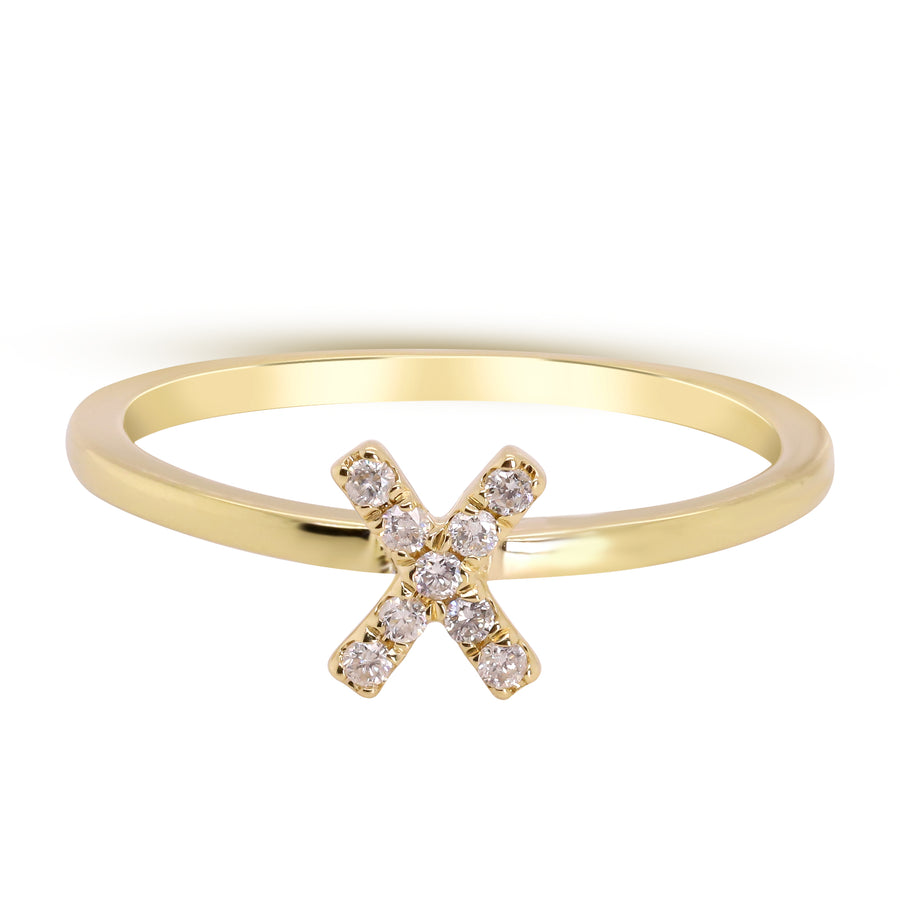 X Initial 14K Yellow Gold Round-Cut White Diamond Ring