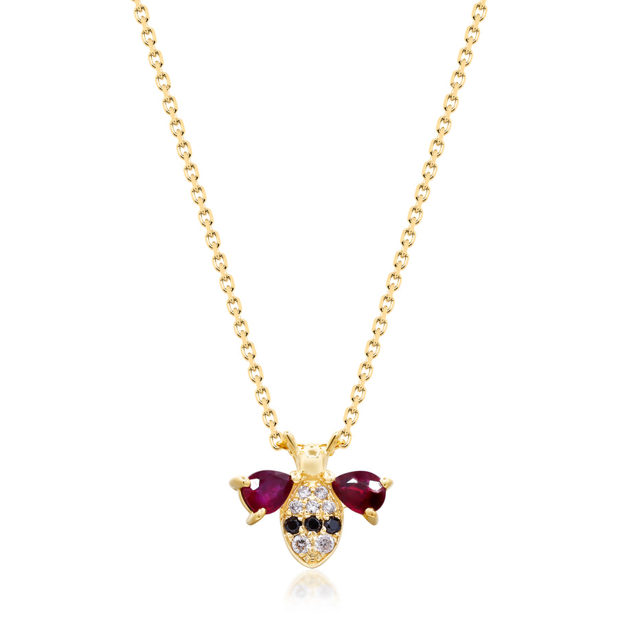 Gin and Grace in collaboration with Smithsonian Museum Collection presents delicate Mozambique Ruby Bee Pendant in 14K Yellow gold and Diamond to show off the energetic personality of yours.
