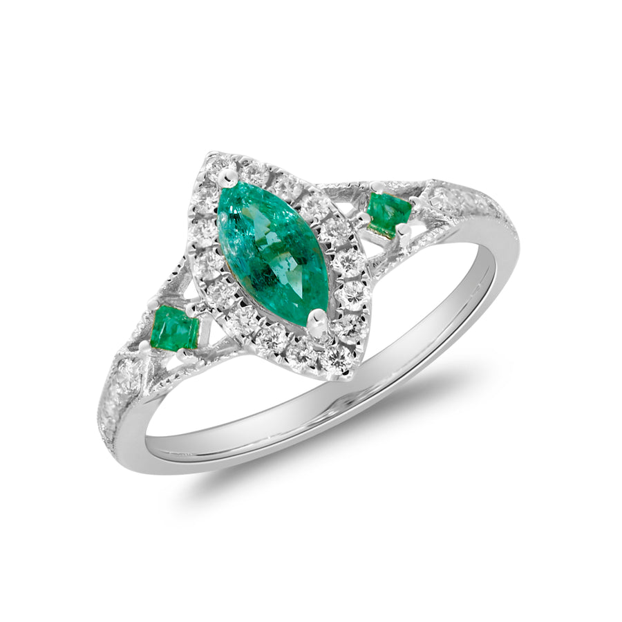 Enchanting Splendor: Annika 14K White Gold Marquise-Cut Natural Zambian Emerald Ring