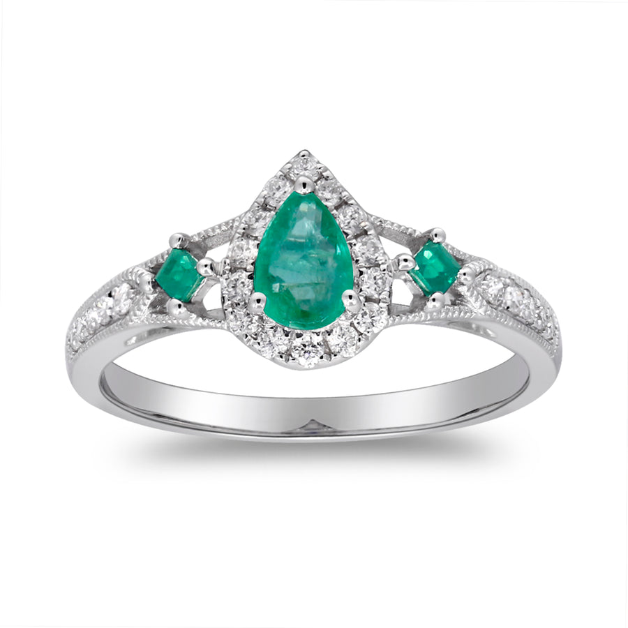 Exquisite Charm: Gia 14K White Gold Pear-Cut Natural Zambian Emerald Ring